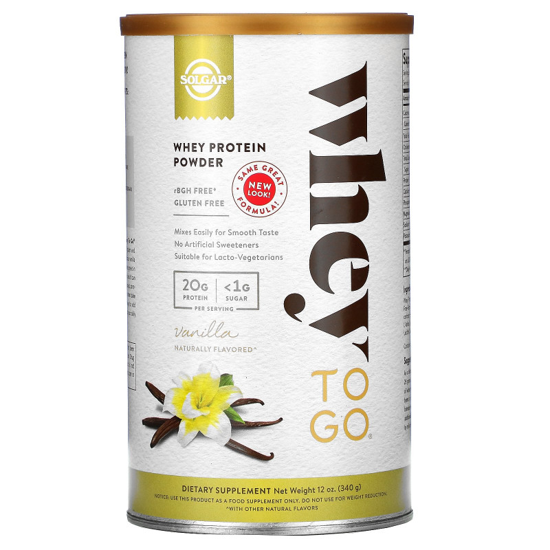 Solgar, Whey To Go, порошок сывороточного белка, ваниль, 340 г (12 унций)
