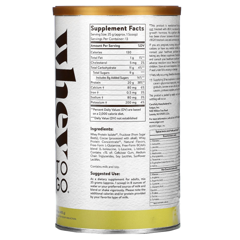 Solgar, Whey To Go, сывороточный белок, с натуральным шоколадным вкусом, 16 унций (454 г) порошка