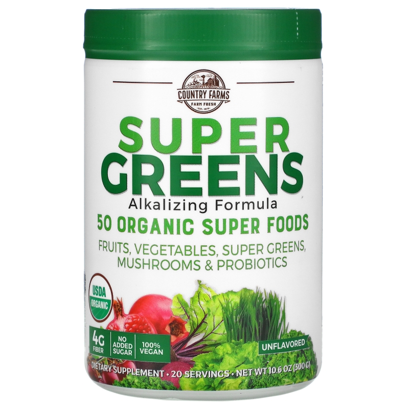 Country Farms, Super Greens, сертифицированная органическая формула из цельных продуктов, яркий натуральный вкус, 10,6 унц. (300 г)