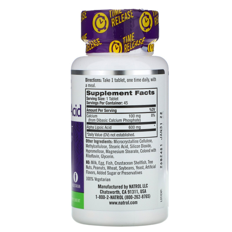 Natrol, Альфа-липоевая кислота, медленное высвобождение, 600 мг, 45 таблеток