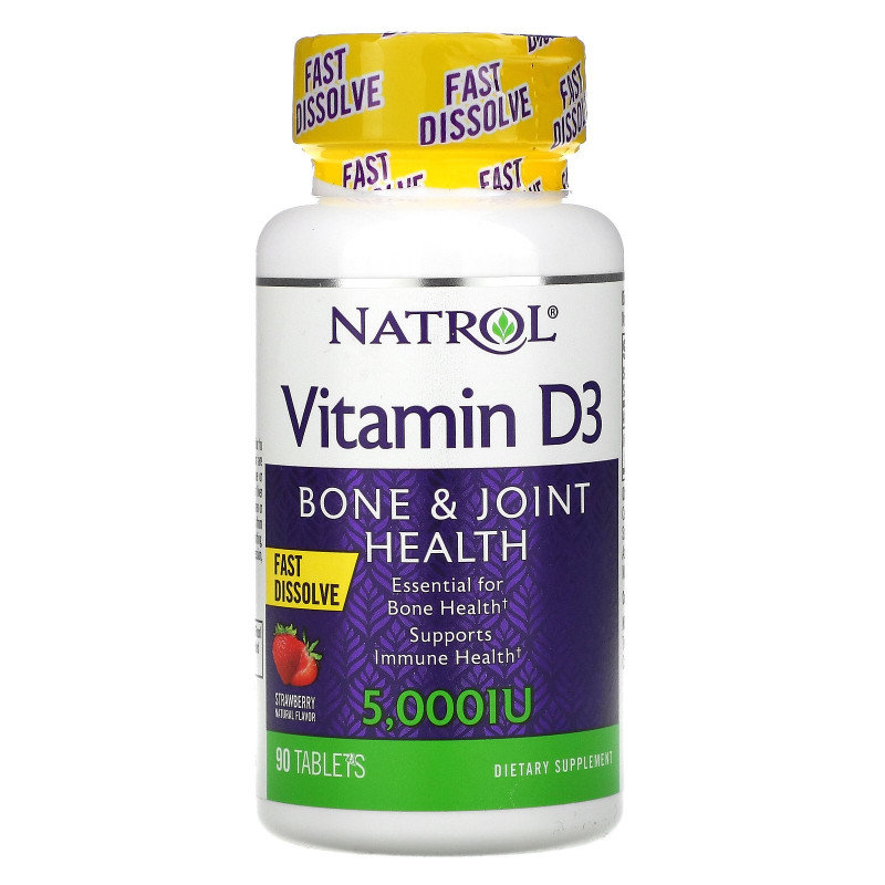 Natrol, Витамин D3, быстрорастворимый, со вкусом клубники, 5 000 МЕ, 90 таблеток