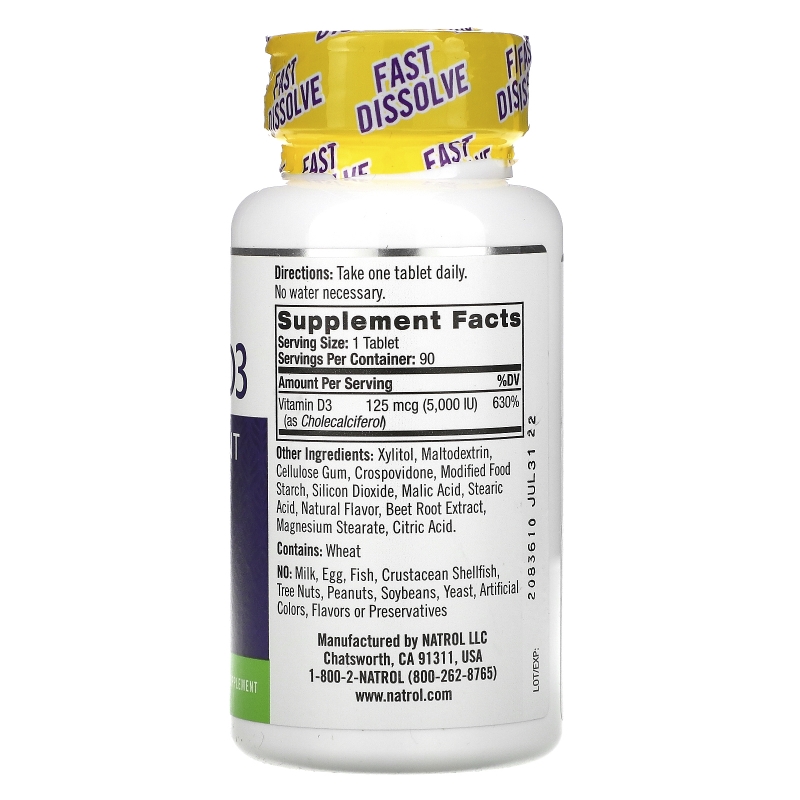 Natrol, Витамин D3, быстрорастворимый, со вкусом клубники, 5 000 МЕ, 90 таблеток