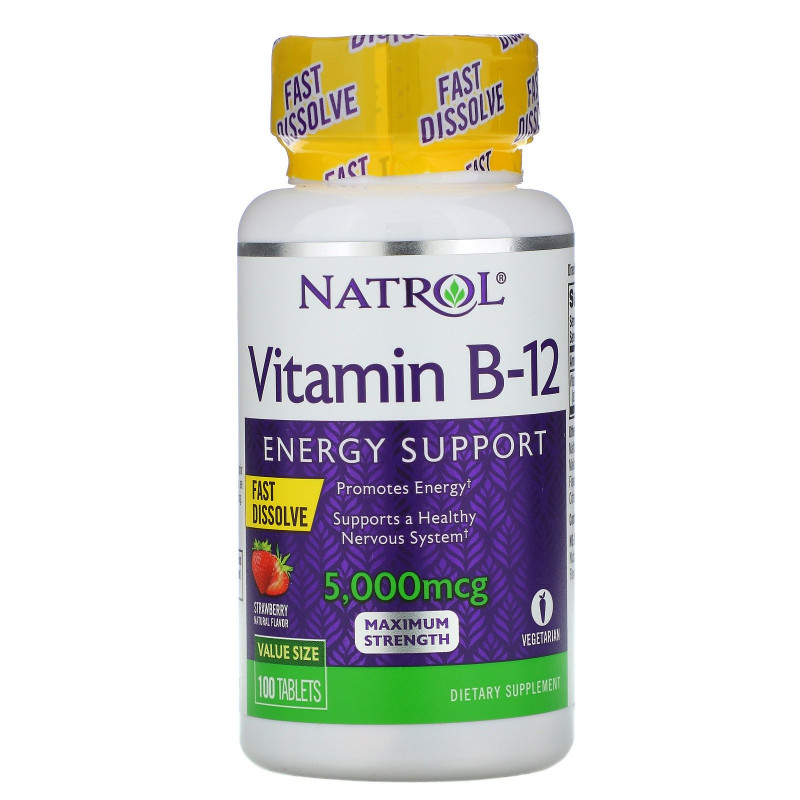 Natrol, Витамин B-12, быстрое растворение, клубничный аромат, 5000 мкг, 100 таблеток