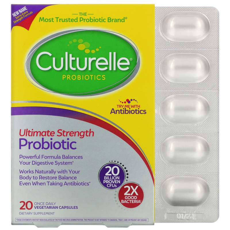 Culturelle, Дополнительная сила, здоровье системы пищеварения, ежедневная формула с пробиотиками, 20 капсул в растительной оболочке для приема 1 раз в день