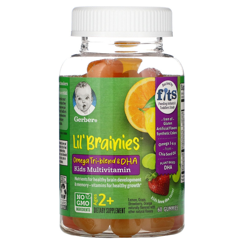 Gerber, Lil Brainies, Omega Tri-Blend & DHA, Kids Multivitamin, Ages 2+, 60 Gummies