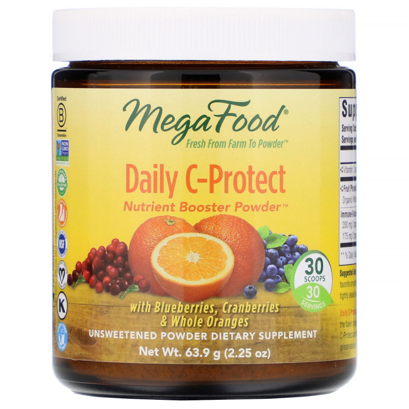MegaFood, Daily C-Protect, порошок с высоким содержанием питательных веществ, без подсластителей, 2,25 унц. (63,9 г)
