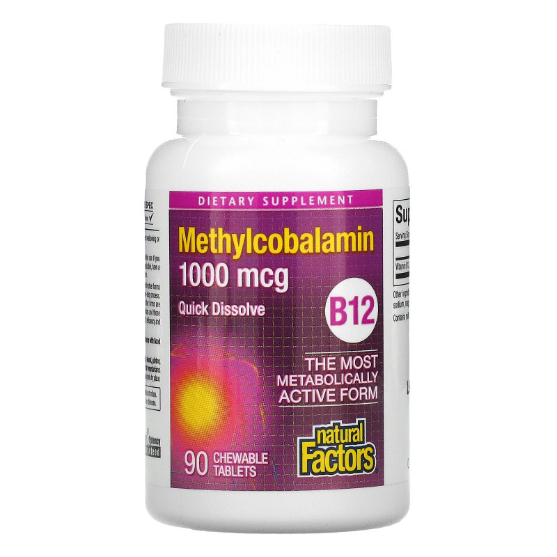 Natural Factors, B12 метилокобаламин, 1000 mcg, 90 жевательных таблеток