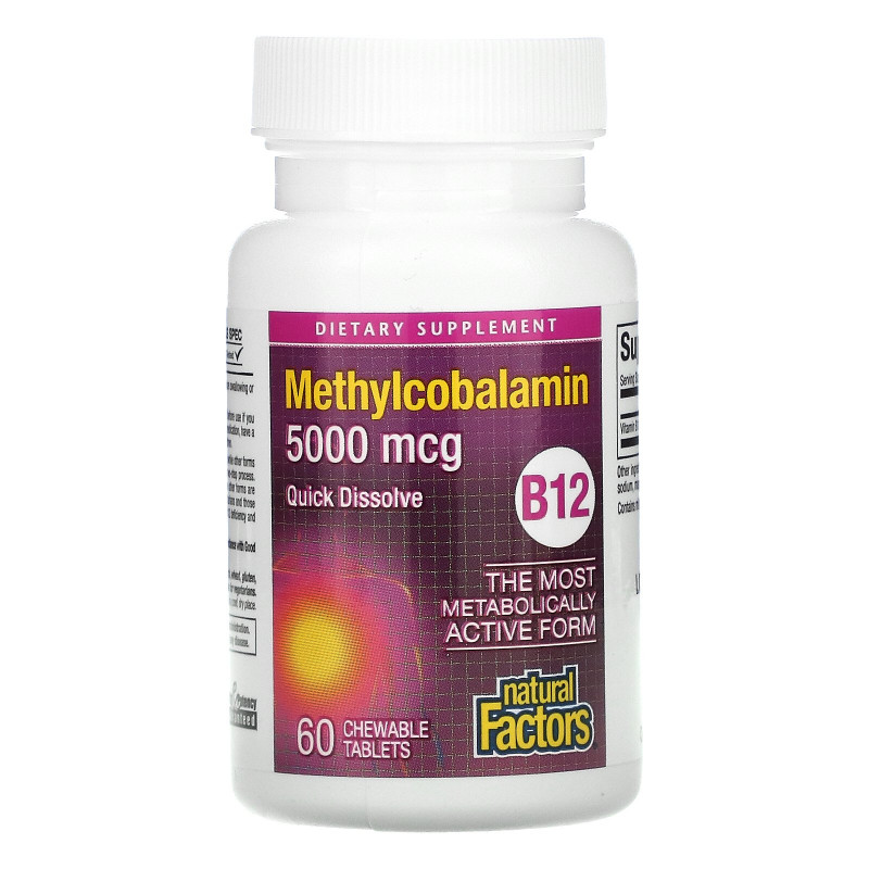 Natural Factors, B12, метилкобаламин, 5000 мкг, 60 жевательных таблеток