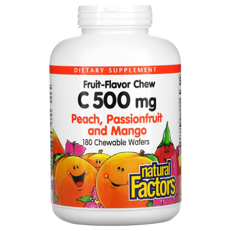 Natural Factors, Витамин С 500 мг со вкусом персика, маракуйи и манго, 180 жевательных таблеток