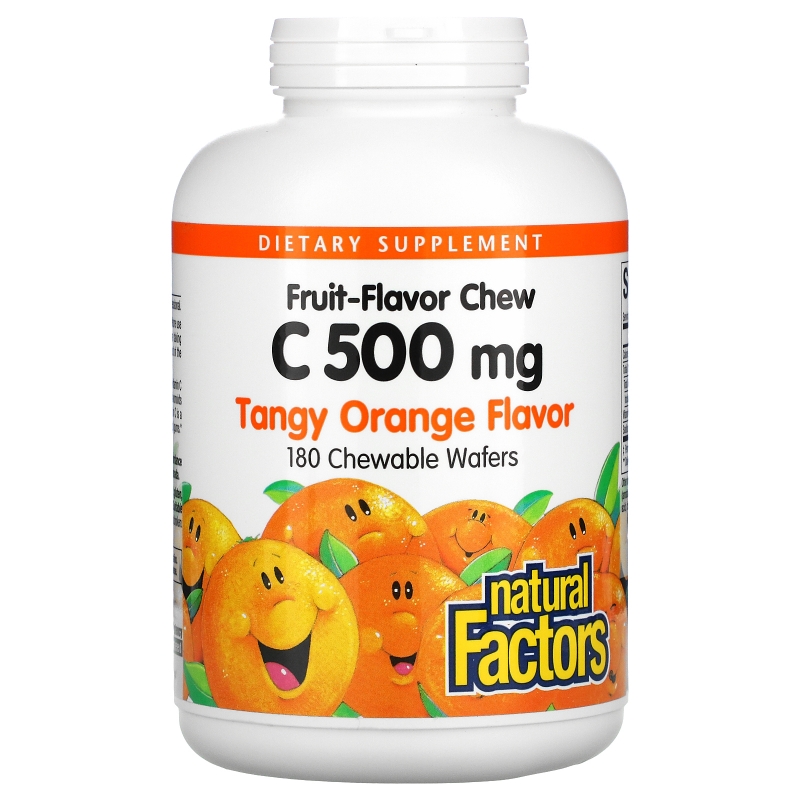 Natural Factors, Витамин C 500 мг, со вкусом кислого апельсина, 180 жевательных вафель