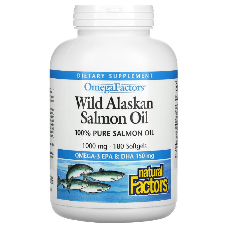 Natural Factors, Omega Factors, рыбий жир из дикого аляскинского лосося, 1000 мг, 180 желатиновых капсул