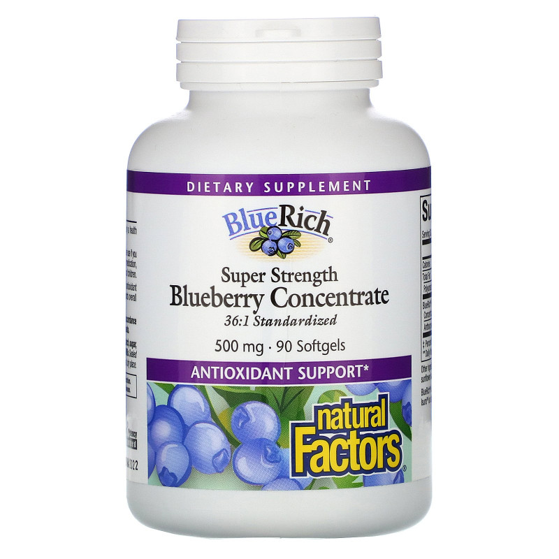 Natural Factors, BlueRich, суперсила, концентрат черники, 500 мг, 90 желатиновых капсул