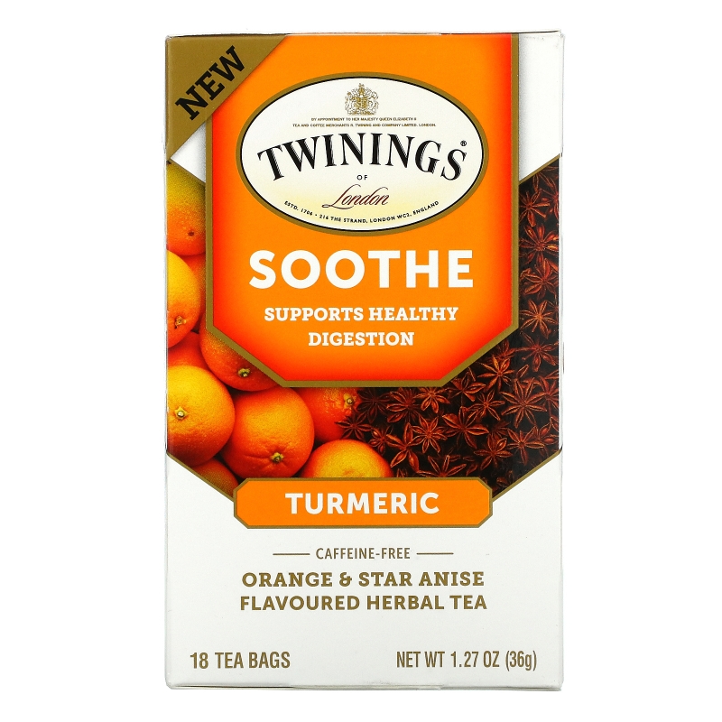 Twinings, Успокаивающий травяной чай, куркума, апельсин и анис звездчатый, без кофеина, 18 пакетиков по 1,27 унц. (36 г)