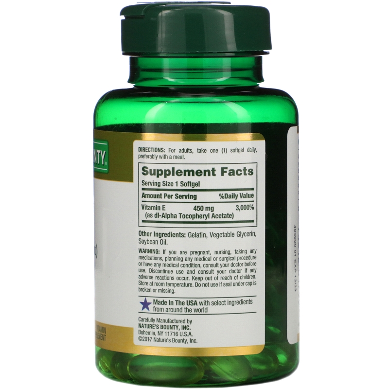 Nature's Bounty, Витамин E, Pure Dl-Alpha, 450 мг (1000 МЕ), 60 мягких таблеток ускоренного высвобождения