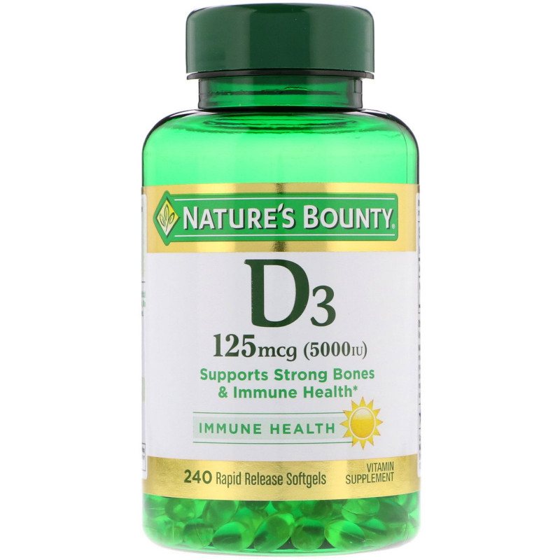 Nature's Bounty, Витамин D3, 125 мкг (5000 МЕ), 240 мягких таблеток ускоренного высвобождения