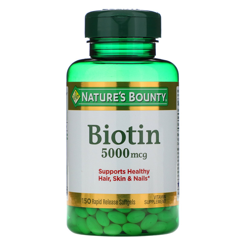 Nature's Bounty, Биотин, 5000 мкг, 150 быстрорастворимых мягких желатиновых капсул