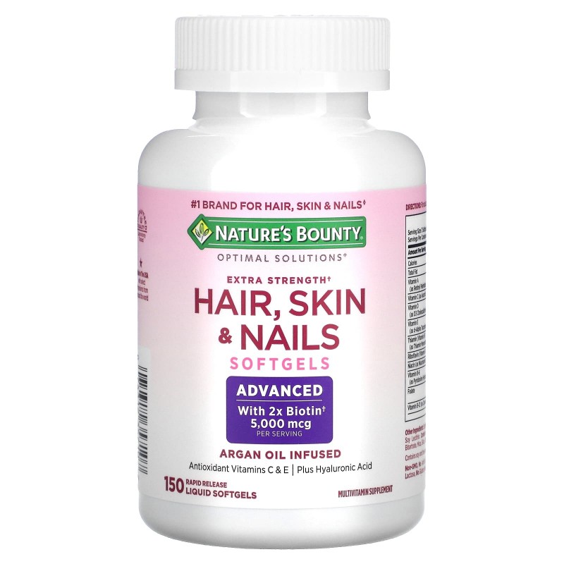 Nature's Bounty, Optimal Solutions, Hair, Skin & Nails, Extra Strength, 150 быстрорастворимых мягких капсул