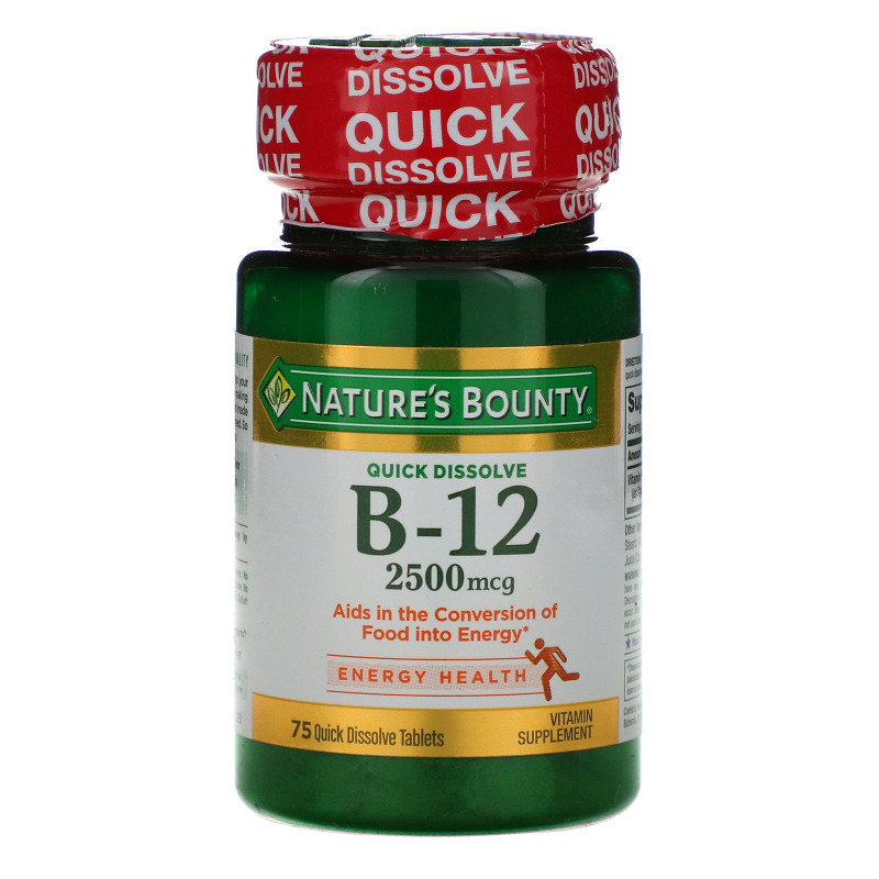 Nature's Bounty, B-12, натуральный вишневый вкус, 2500 мкг, 75 быстрорастворимых таблеток
