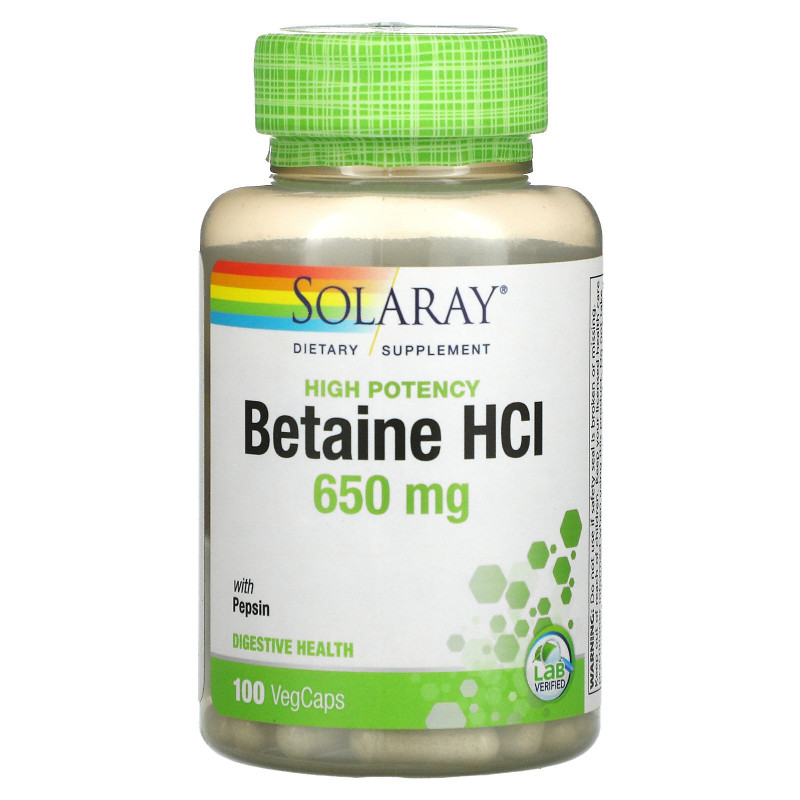 Solaray, HCL с пепсином, 650 мг, 100 вегетарианских капсул