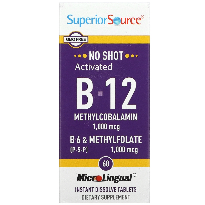Superior Source, Активированный B-12 метилкобаламин, B-6 (пиридоксин) и метилфолат, 1,000 мкг / 1,000 мкг, 60 микролингвальных быстрорастворимых таблеток