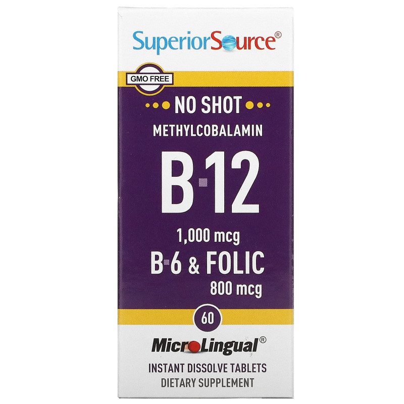 Superior Source, Метилкобаламин B-12, 1000 мкг, B-6 и фолиевая кислота 800 мкг, MicroLingual, 60 таблеток