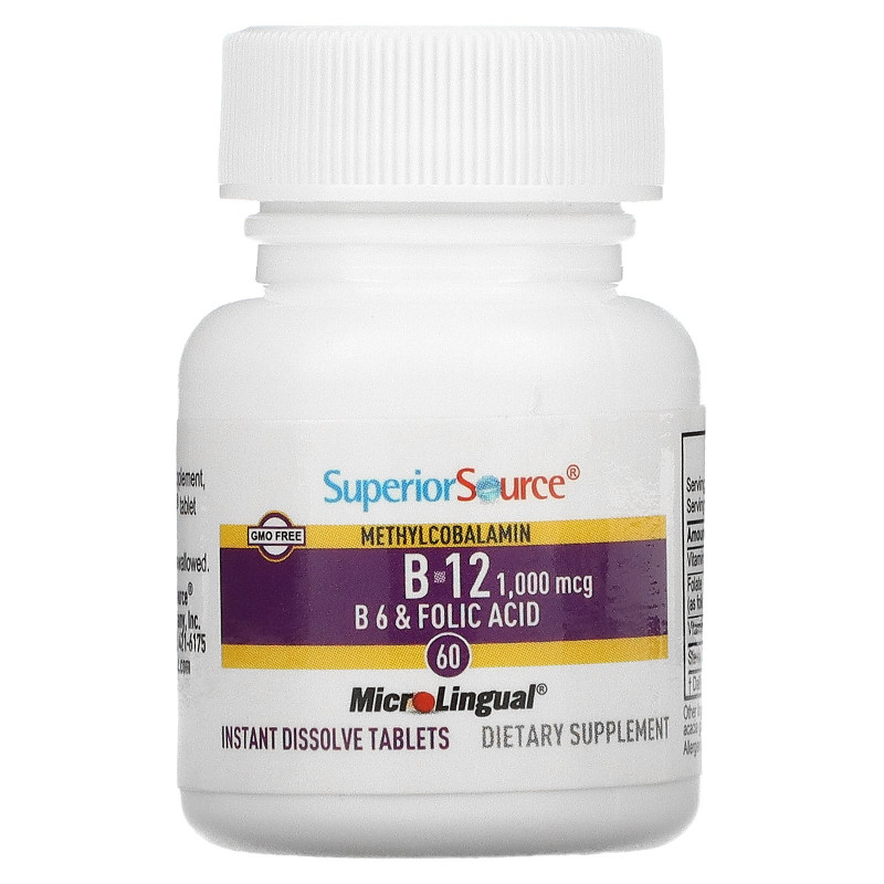 Superior Source, Метилкобаламин B-12, 1000 мкг, B-6 и фолиевая кислота 800 мкг, MicroLingual, 60 таблеток