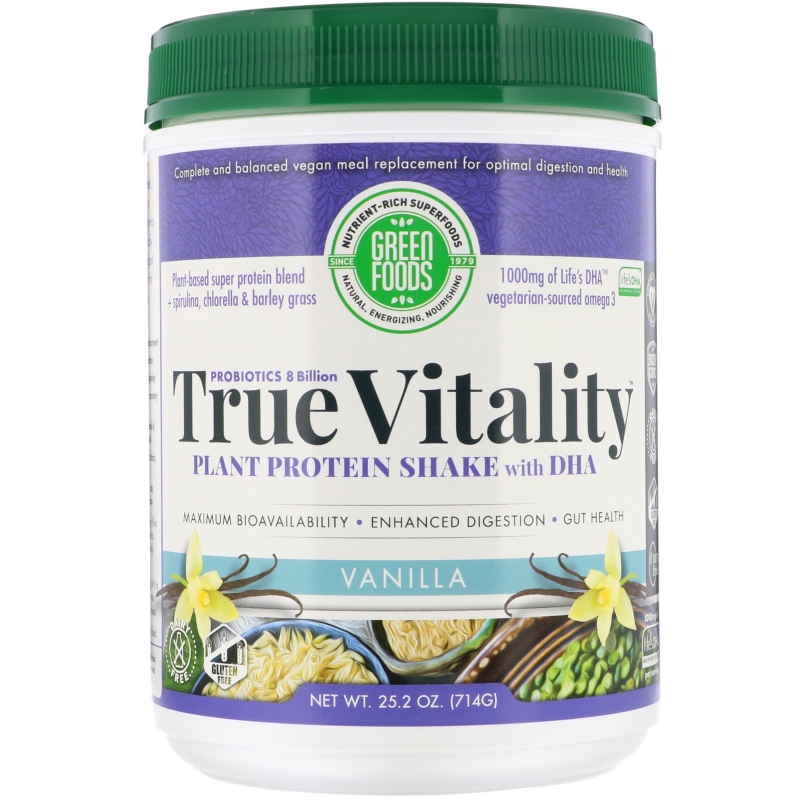 Green Foods Corporation, True Vitality, Растительный протеиновый шейк с DHA, ваниль 25.2 унции (714 г)