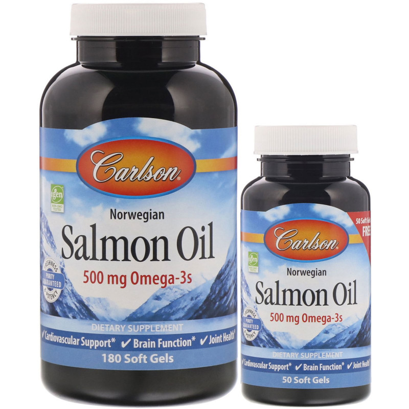 Carlson Labs, Жир норвежского лосося, 500 мг, 180 мягких таблеток +50 мягких таблеток бесплатно