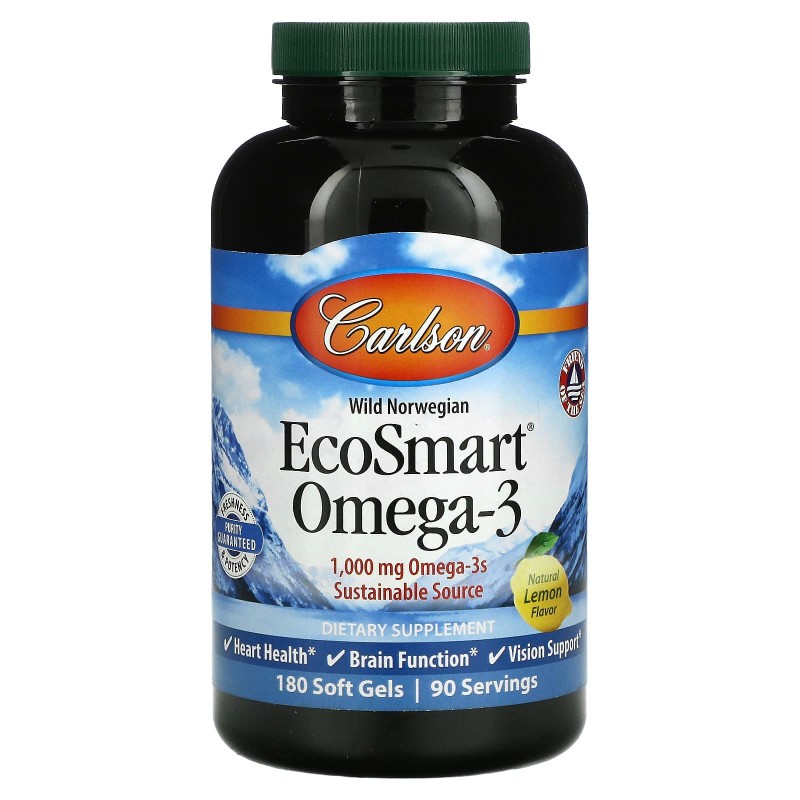 Carlson Labs, EcoSmart Omega-3, Natural Lemon Flavor, 180 Soft Gels