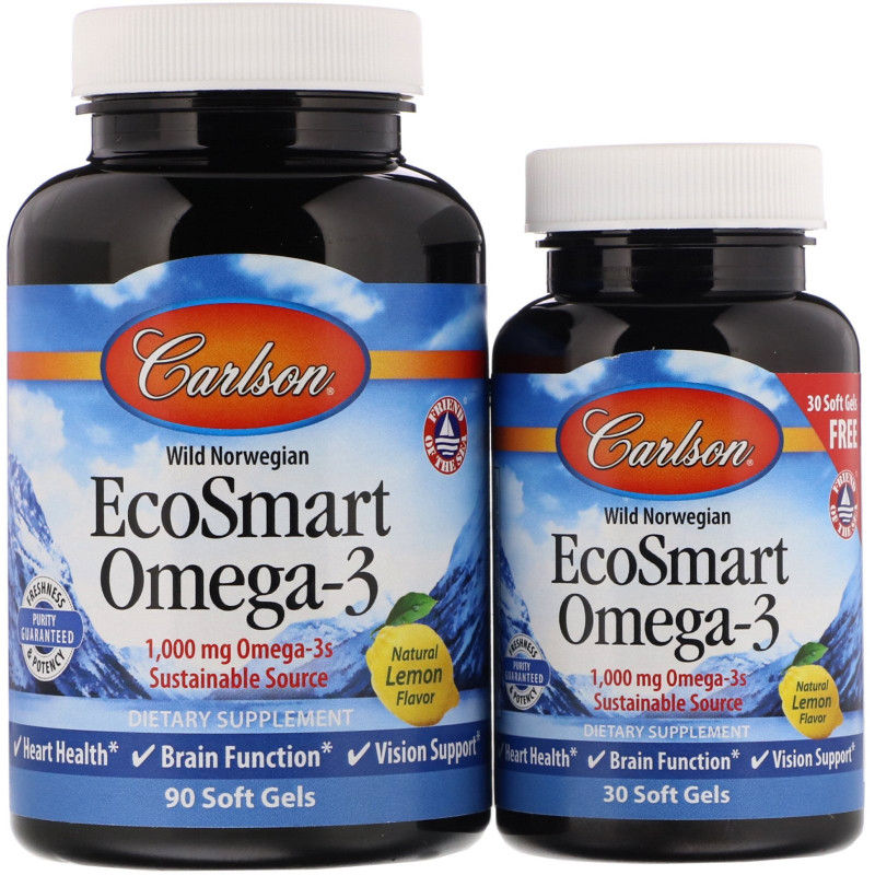 Carlson Labs, EcoSmart Omega-3, Natural Lemon Flavor, 90 + 30 Free Soft Gels