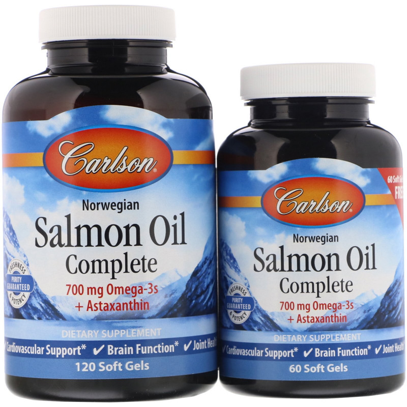 Carlson Labs, Полноценный норвежский лососевый жир Salmon Oil Complete, 120 мягких таблеток + 60 таблеток бесплатно