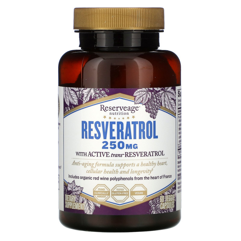 ReserveAge Nutrition, Ресвератрол, клеточная антивозрастная формула, 250 мг, 60 вегетарианских капсул