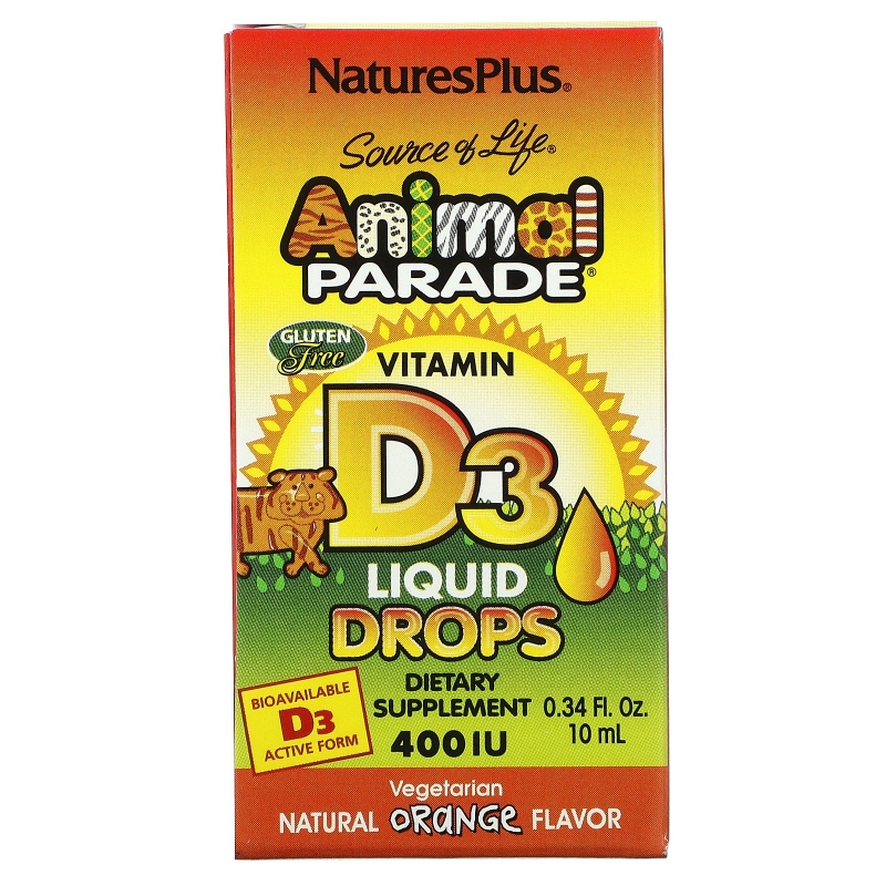 Nature's Plus, Source of Life, «Парад животных», витамин D3, жидкие капли, натуральный апельсиновый вкус, 200 МЕ, 0,34 жидк. унций (10 мл)