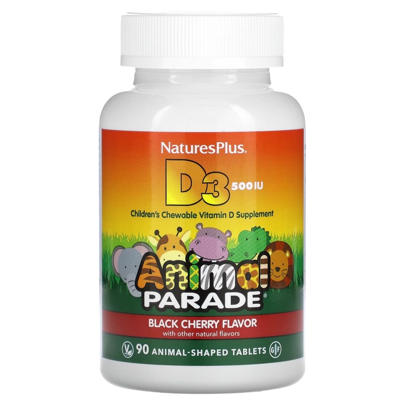 Nature's Plus, Source of Life с витамином D3, Animal Parade, детская мультивитаминная добавка с натуральным ароматом черной вишни, 500 МЕ, 90 жевательных капсул