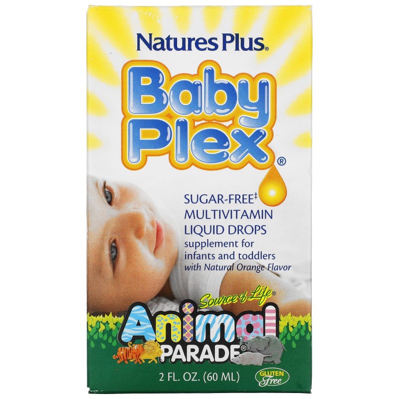 Nature's Plus, Source of Life, Animal Parade, Baby Plex, жидкие мультивитаминные капли без сахара, с натуральным вкусом апельсина, 2 жидкие унции (60 мл)