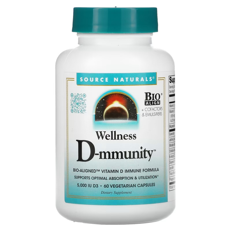 Source Naturals, Wellness D-mmunity, Bio-Aligned Vitamin D Immune Formula, 75 mcg (3,000 IU), 60 Vegetarian Capsules