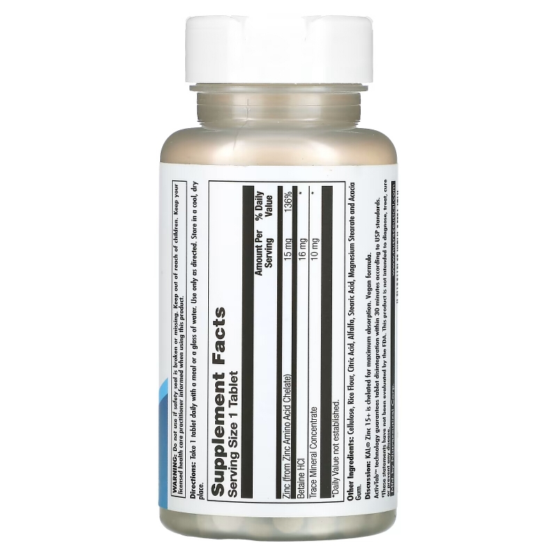 KAL, Цинк 15+ с гидрохлоридом бетаина и микроэлементами, 100 таблеток