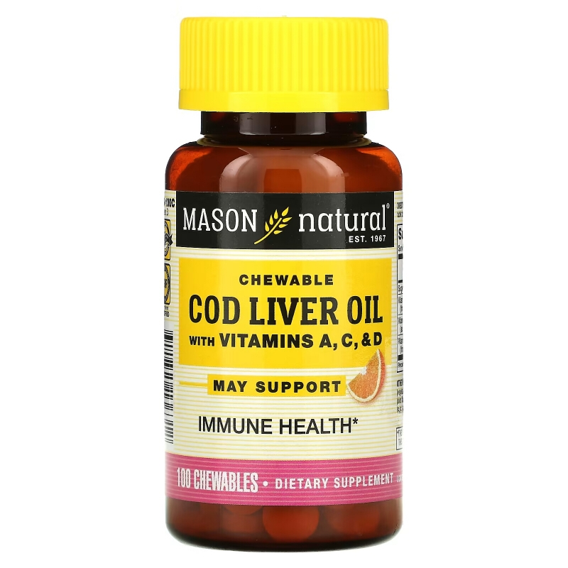 Mason Natural, Chewable Cod Liver Oil, with Vitamins A, C, & D, Orange Flavor, 100 Tablets