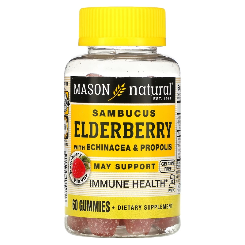 Mason Natural, Sambucus Elderberry with Echinacea & Propolis, Raspberry Flavor, 60 Gummies