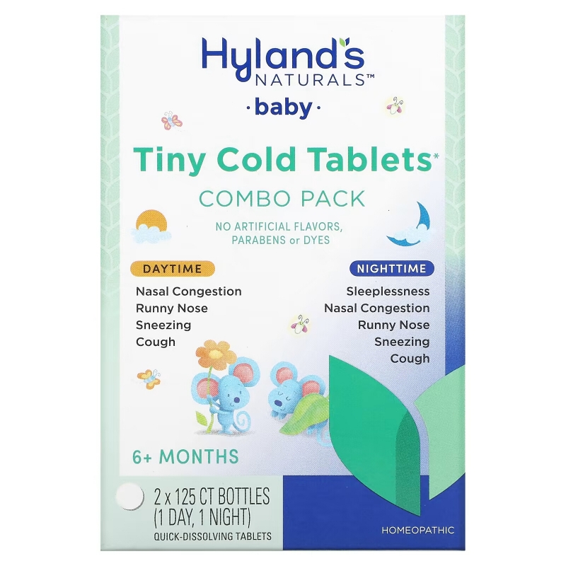 Hyland's, Baby, Tiny Cold Tablets Combo Pack, Daytime/Nighttime, 6+ Months, 2 Bottles, 125 Quick-Dissolving Tablets Each