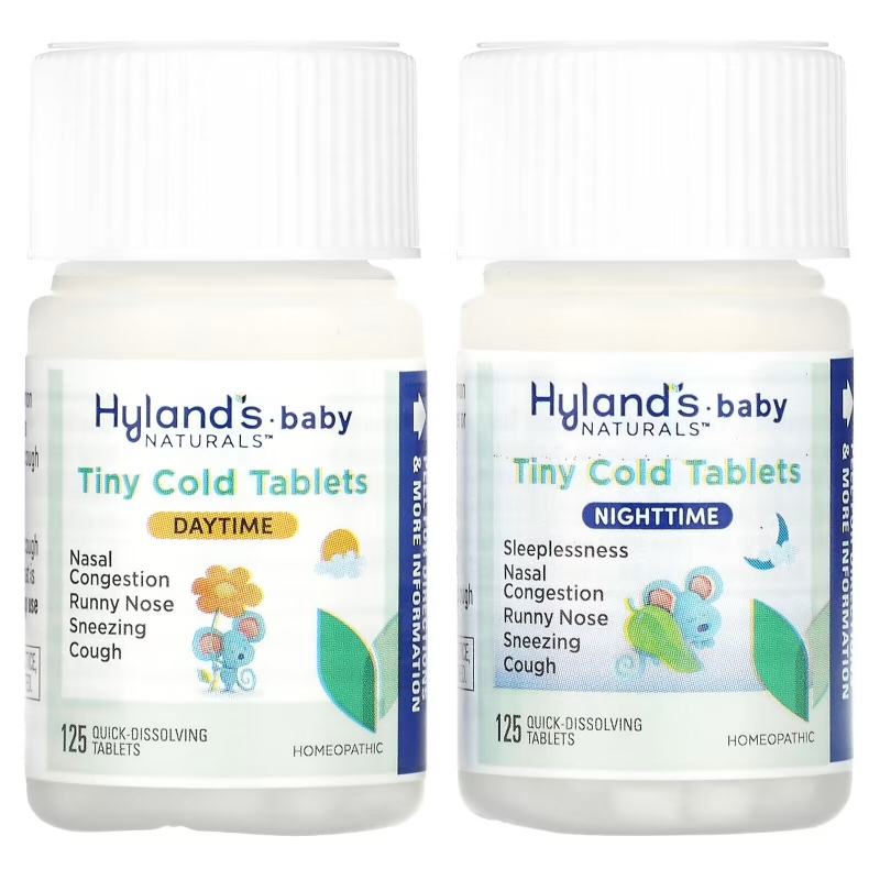 Hyland's, Baby, Tiny Cold Tablets Combo Pack, Daytime/Nighttime, 6+ Months, 2 Bottles, 125 Quick-Dissolving Tablets Each