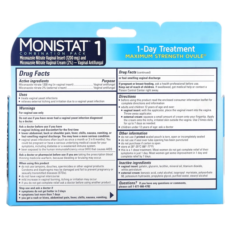 Monistat, 1-Day Treatment Combination Pack, Day or Night Ovule, Maximum Strength, 1 Ovule Insert, 2.6 g + 0.32 oz (9 g) Tube