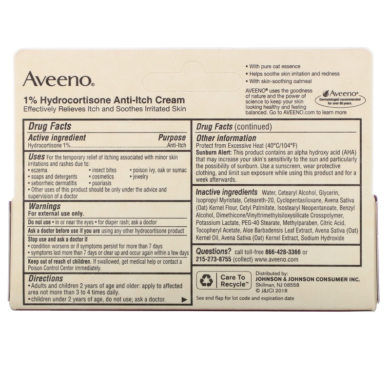 Aveeno Active Naturals 1% гидрокортизон крем анти-зуд  1 унция (28 г)