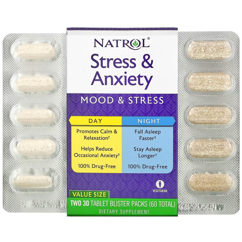 Natrol, Stress & Anxiety, Day & Night, Two 30 Tablet Blister Packs (60 Total)
