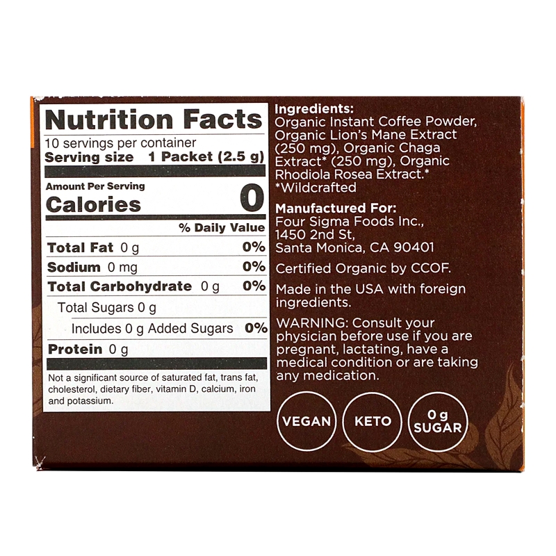 Four Sigma Foods Mushroom Coffee with Lion's Mane 10 Powder Bags 0.09 oz (2.5 g) Each