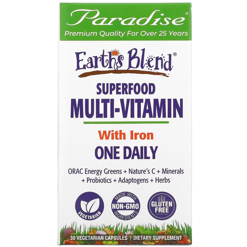 Paradise Herbs ORAC-Energy Earth's Blend One Daily Superfood Multivitamin With Iron 30 Veggie Caps