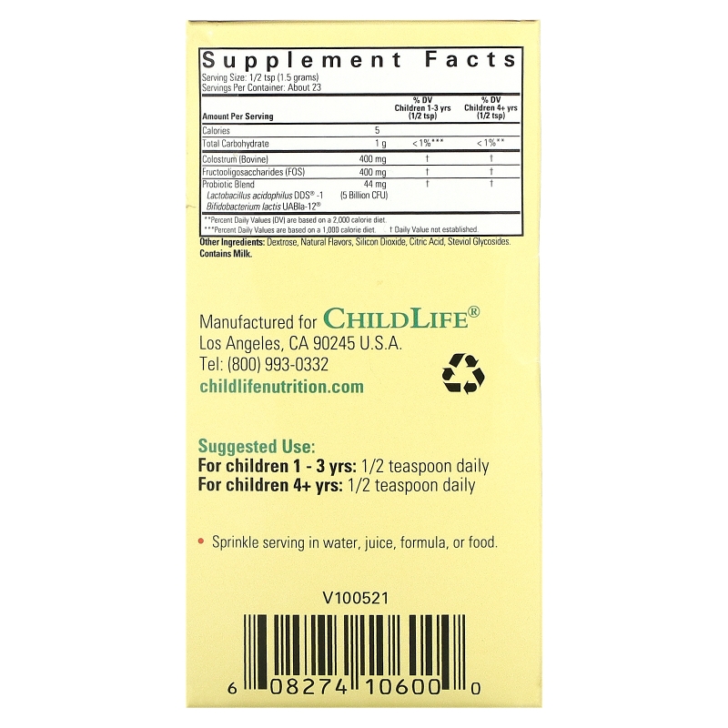 ChildLife Пробиотики с порошковым молозивом с натуральным вкусом апельсина / ананаса 17 унции (50 г)