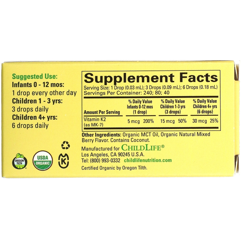 ChildLife, Органические капли витамина K2, натуральный ягодный вкус, 0,406 унций (12 мл)