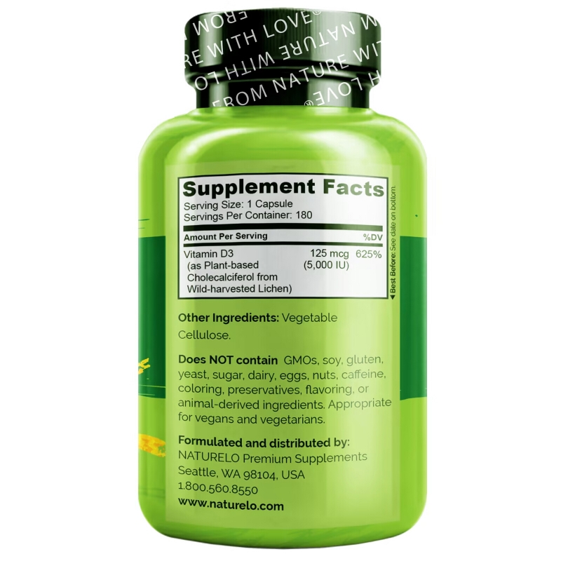NATURELO, Vitamin D3, Plant Based, 5000 IU/125 mcg, 180 Easy Swallow Capsules