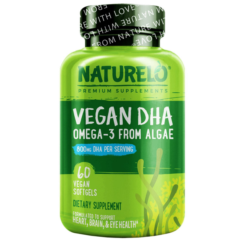 NATURELO, Веганский DHA, Омега-3 из водорослей, 800 мг, 60 веганских мягких капсул